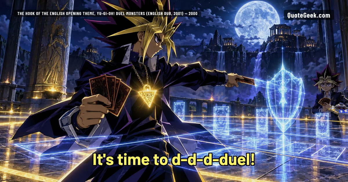“It's time to d-d-d-duel!” — The hook of the English opening theme, Yu-Gi-Oh! Duel Monsters (English dub, 2001) · Yu-Gi-Oh! Duel Monsters. Illustrated QuoteGeek card.