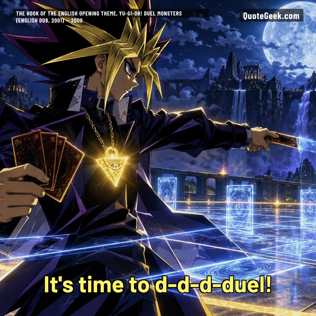 “It's time to d-d-d-duel!” — The hook of the English opening theme, Yu-Gi-Oh! Duel Monsters (English dub, 2001) · Yu-Gi-Oh! Duel Monsters. Illustrated QuoteGeek card.