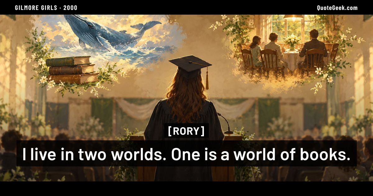 “I live in two worlds. One is a world of books.” — Rory · Gilmore Girls. Illustrated QuoteGeek card.