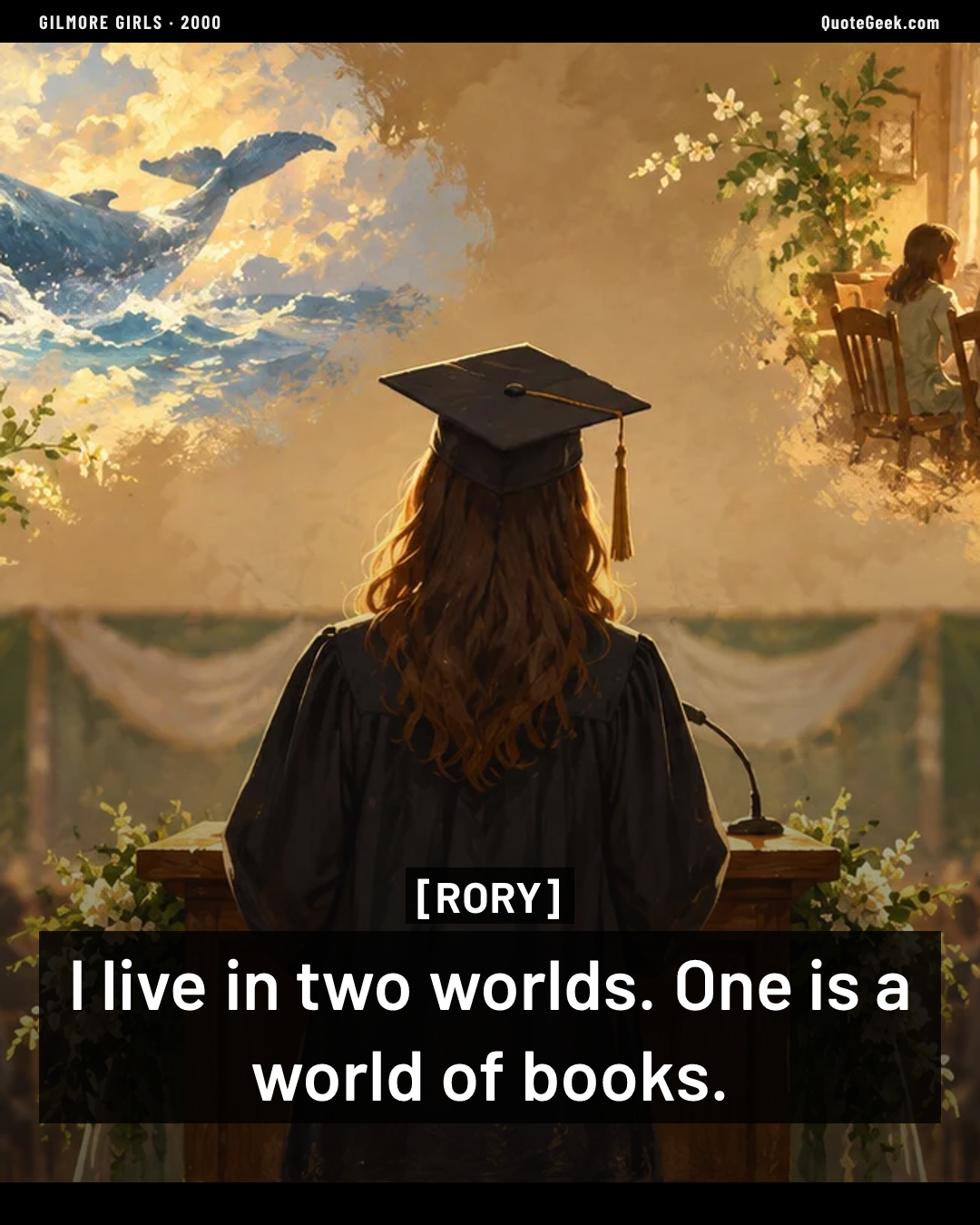 “I live in two worlds. One is a world of books.” — Rory · Gilmore Girls. Illustrated QuoteGeek card.