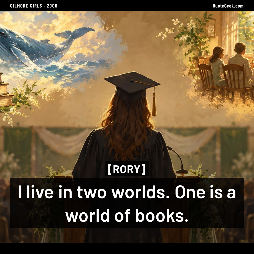 “I live in two worlds. One is a world of books.” — Rory · Gilmore Girls. Illustrated QuoteGeek card.