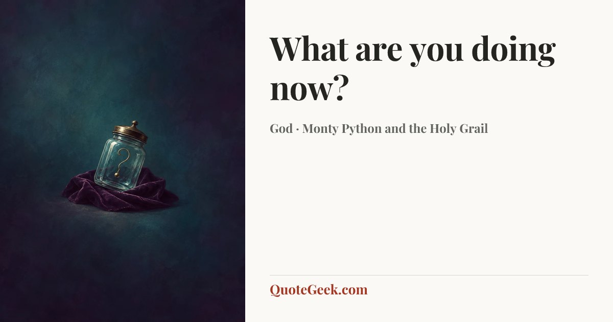 “What are you doing now?” — God · Monty Python and the Holy Grail. Illustrated QuoteGeek card.