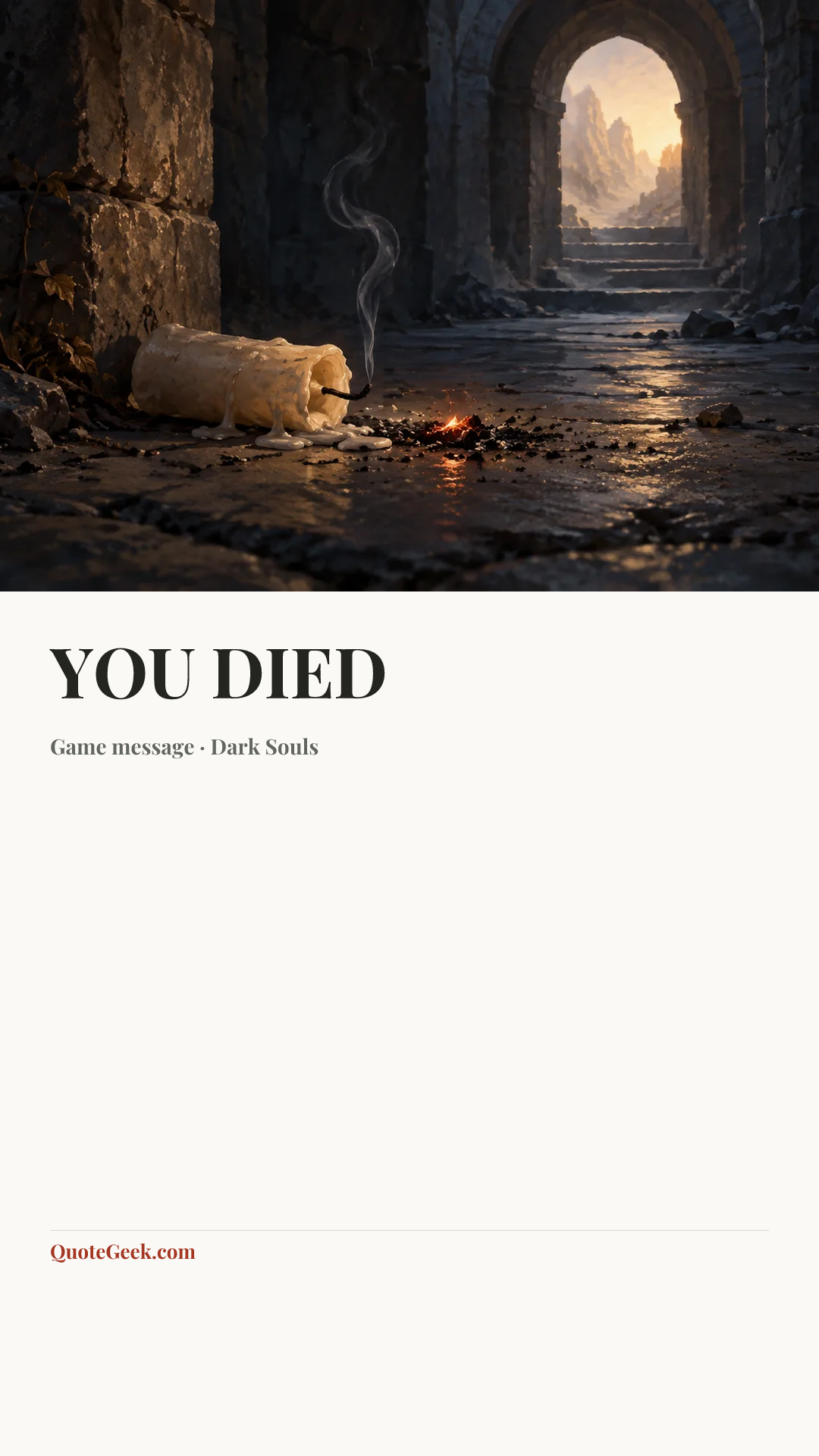 “YOU DIED” — Game message · Dark Souls. Illustrated QuoteGeek card.