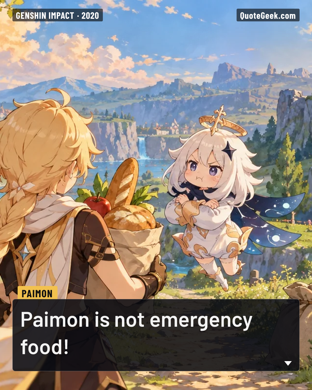 “Paimon is not emergency food!” — Paimon · Genshin Impact. Illustrated QuoteGeek card.