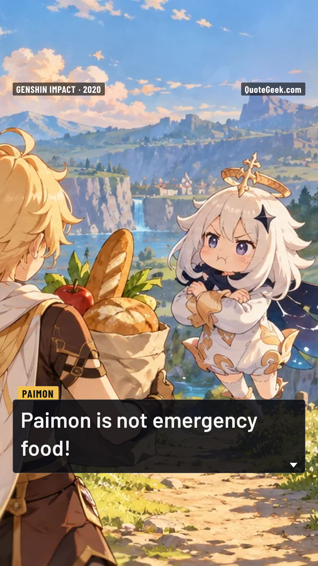 “Paimon is not emergency food!” — Paimon · Genshin Impact. Illustrated QuoteGeek card.