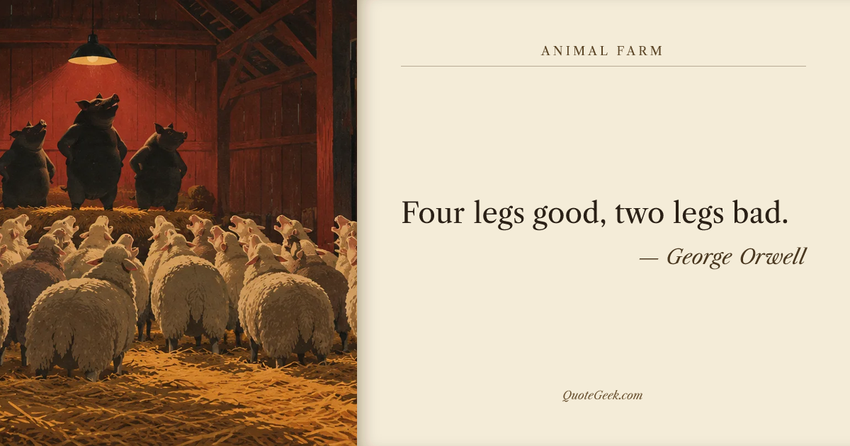 “Four legs good, two legs bad.” — George Orwell · Animal Farm. Illustrated QuoteGeek card.