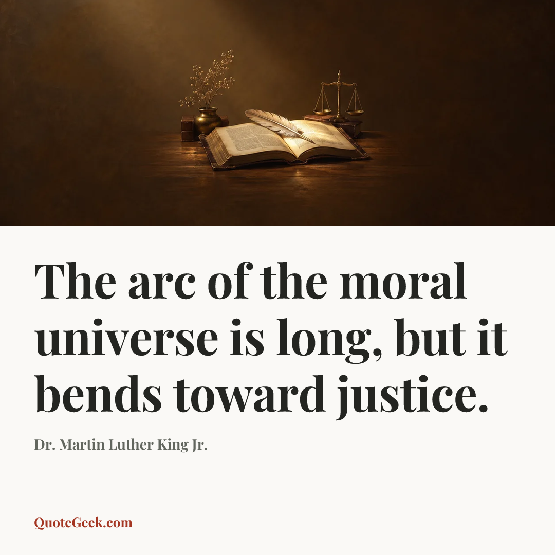 “The arc of the moral universe is long, but it bends toward justice.” — Dr. Martin Luther King Jr.. Illustrated QuoteGeek card.