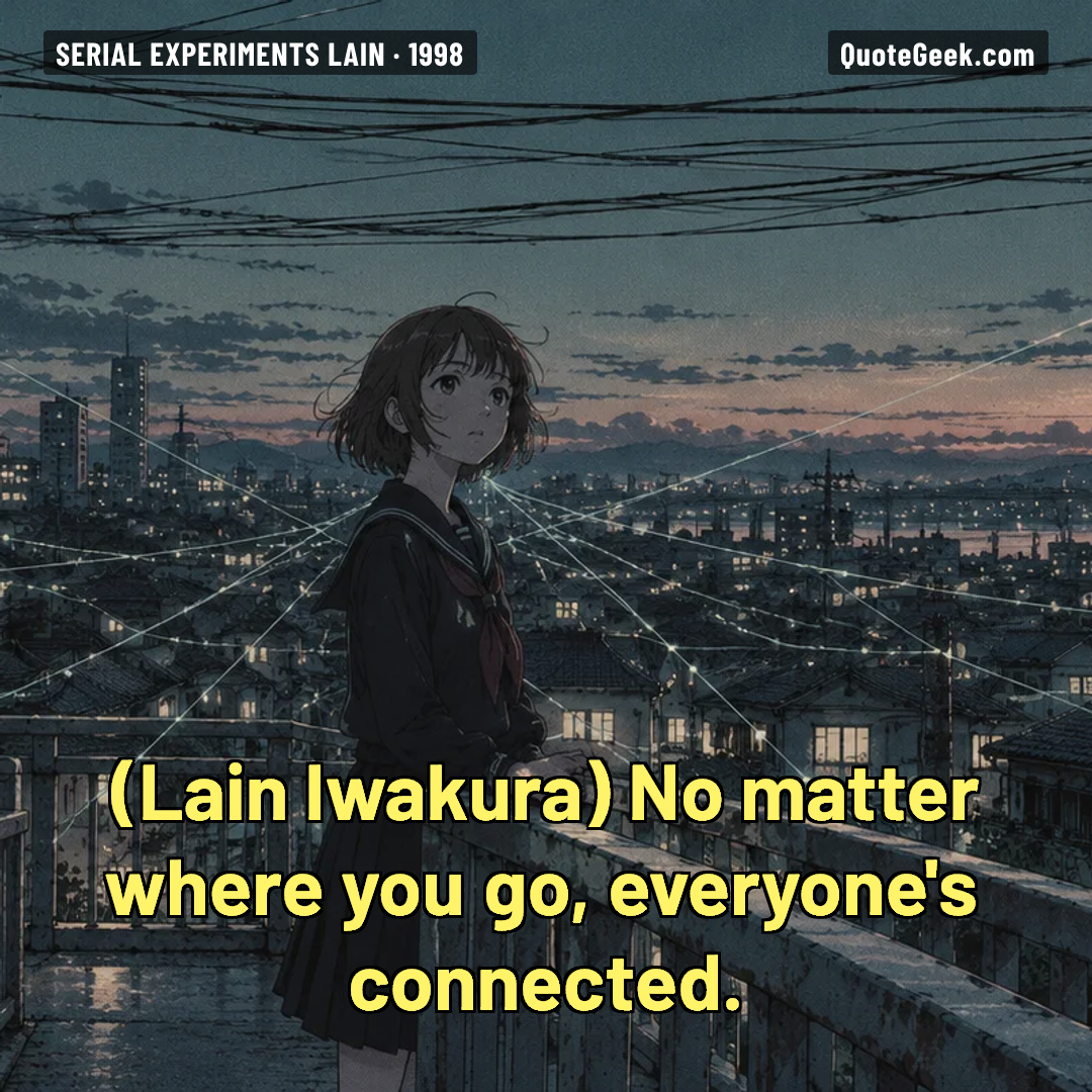 “No matter where you go, everyone's connected.” — Lain Iwakura · Serial Experiments Lain. Illustrated QuoteGeek card.
