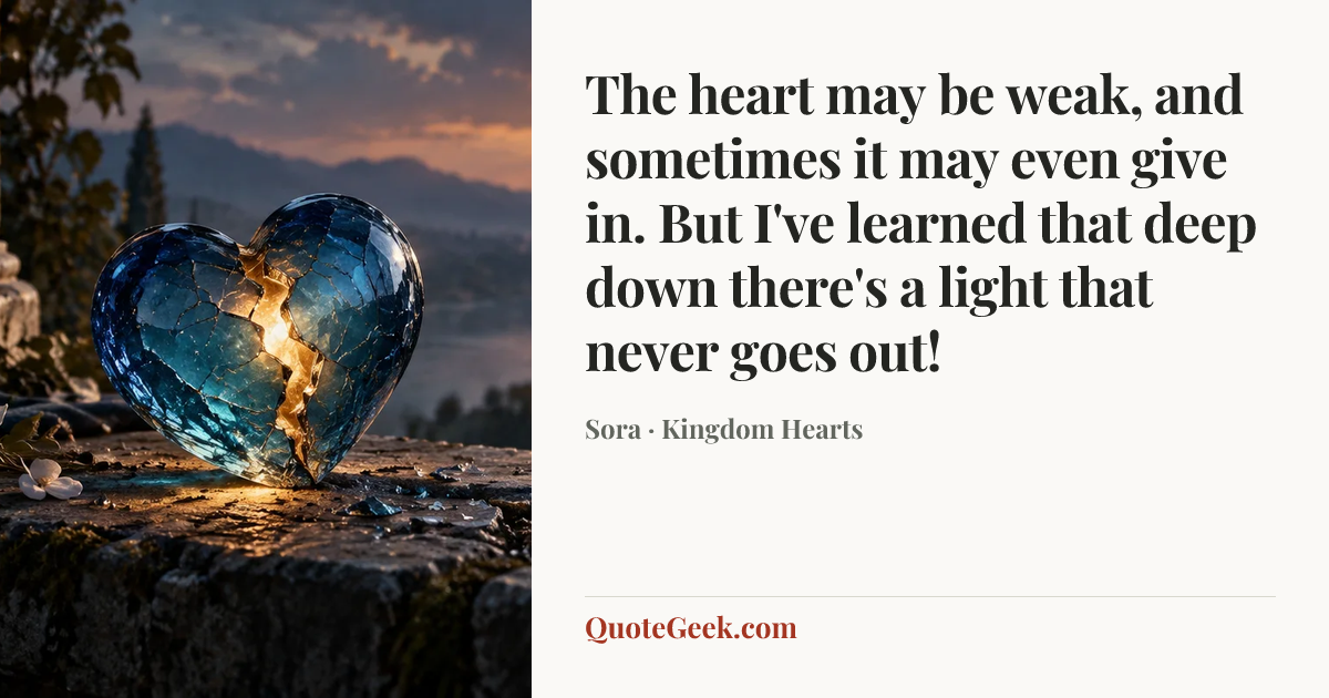 “The heart may be weak, and sometimes it may even give in. But I've learned that deep down there's a light that never goes out!” — Sora · Kingdom Hearts. Illustrated QuoteGeek card.