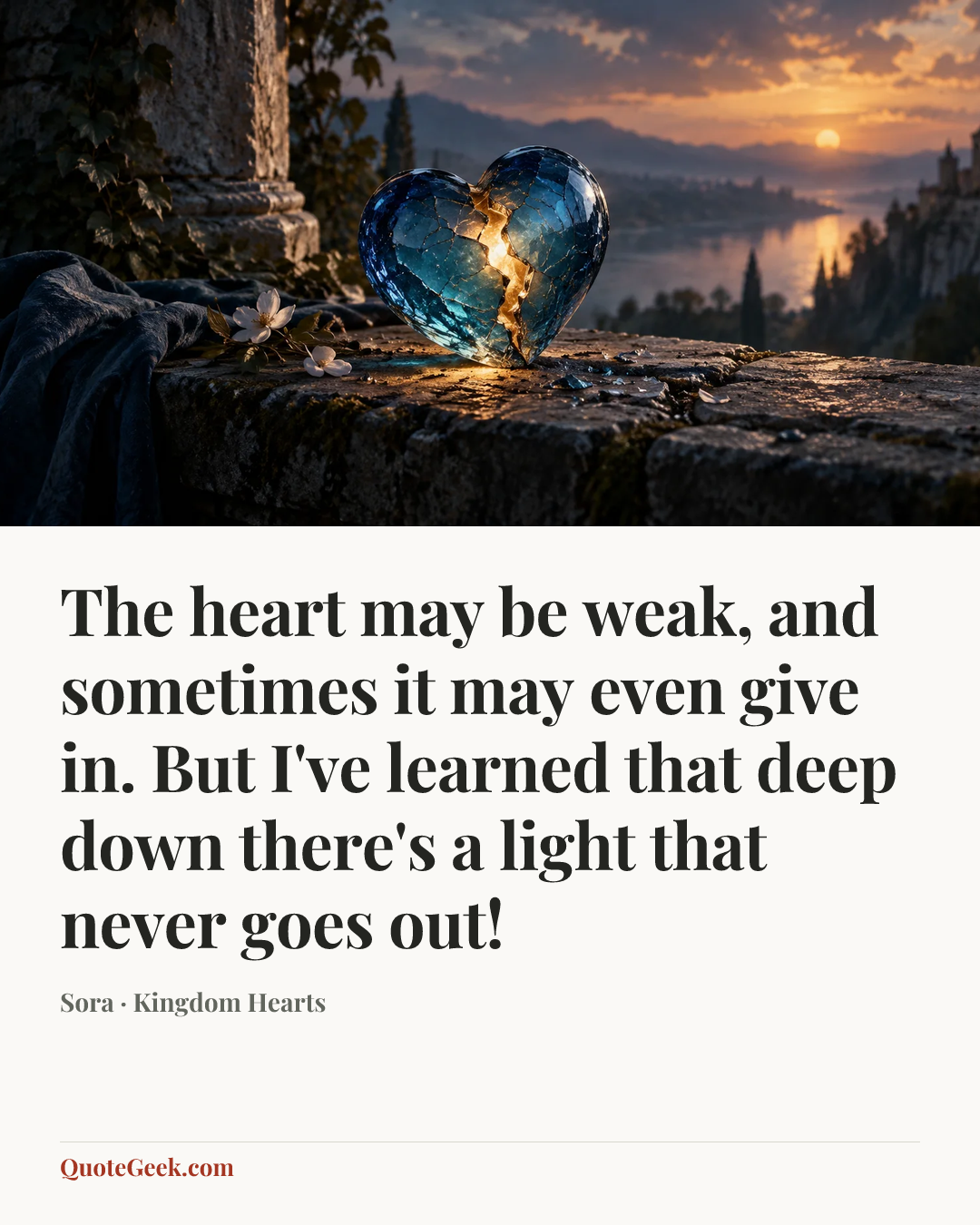 “The heart may be weak, and sometimes it may even give in. But I've learned that deep down there's a light that never goes out!” — Sora · Kingdom Hearts. Illustrated QuoteGeek card.