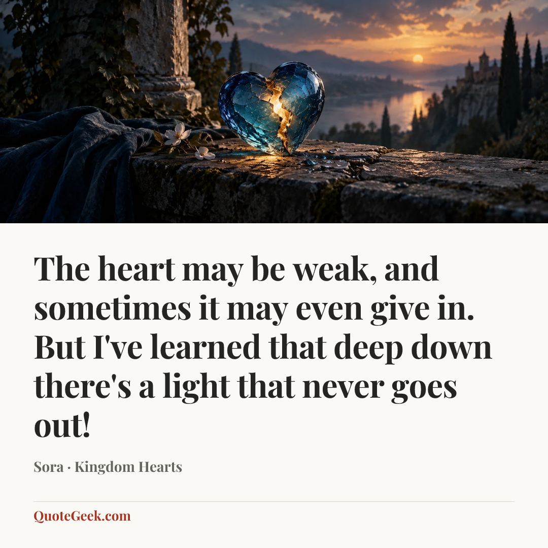 “The heart may be weak, and sometimes it may even give in. But I've learned that deep down there's a light that never goes out!” — Sora · Kingdom Hearts. Illustrated QuoteGeek card.