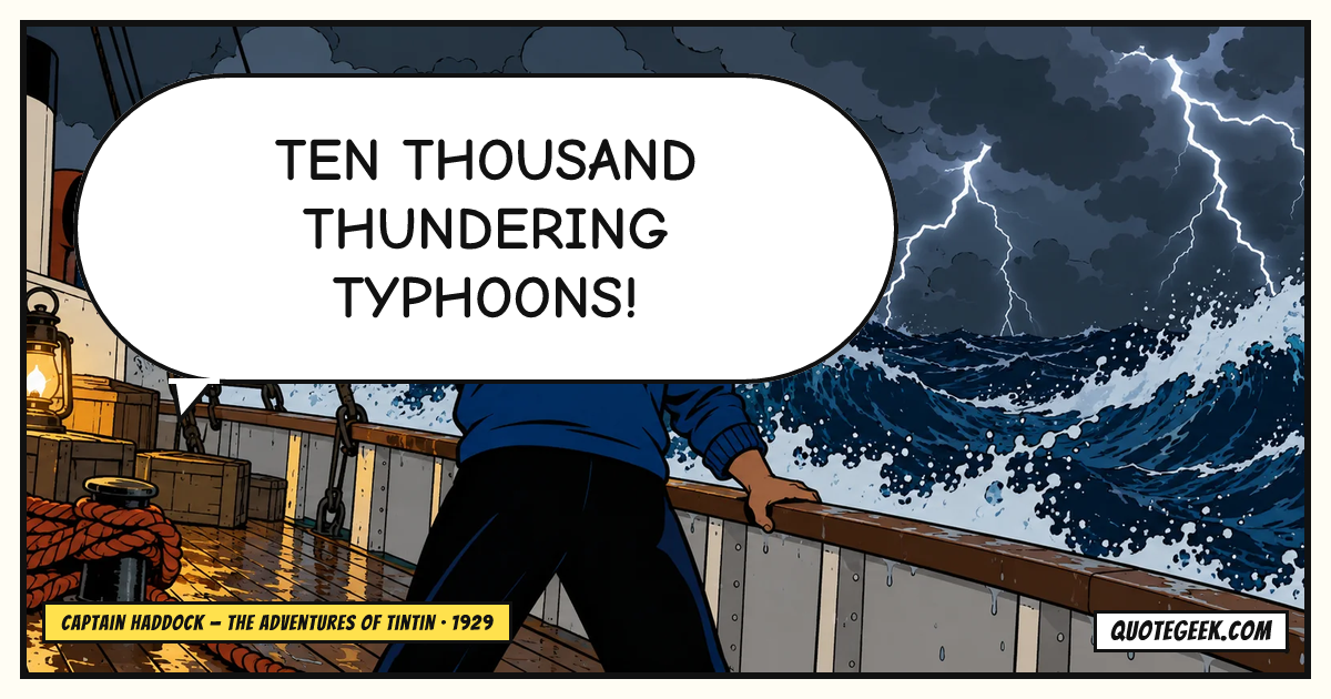 “Ten thousand thundering typhoons!” — Captain Haddock · The Adventures of Tintin. Illustrated QuoteGeek card.