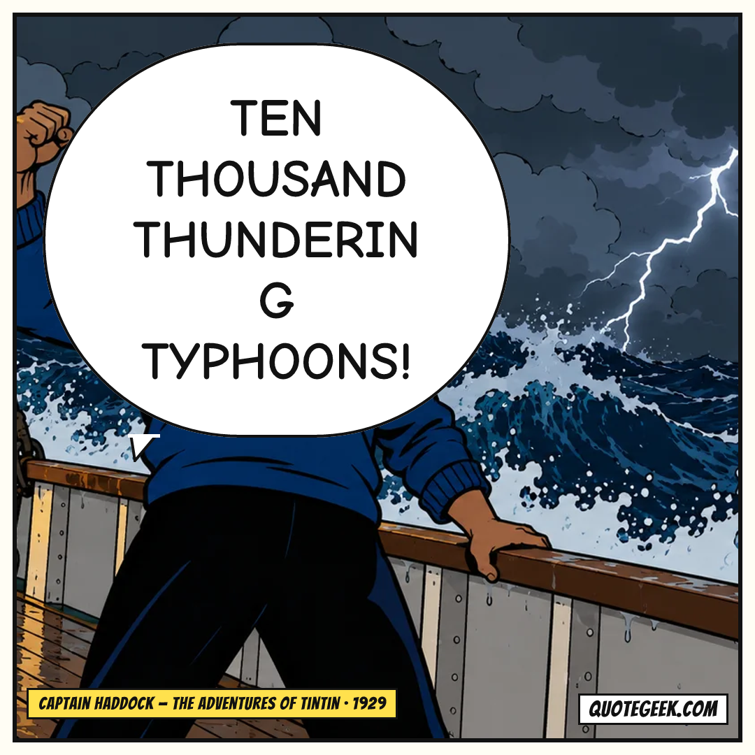“Ten thousand thundering typhoons!” — Captain Haddock · The Adventures of Tintin. Illustrated QuoteGeek card.