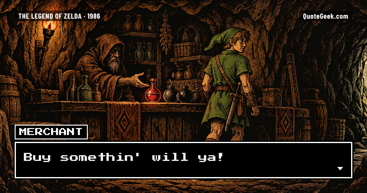 “Buy somethin' will ya!” — Merchant · The Legend of Zelda. Illustrated QuoteGeek card.