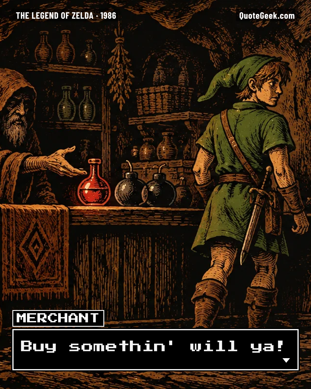 “Buy somethin' will ya!” — Merchant · The Legend of Zelda. Illustrated QuoteGeek card.