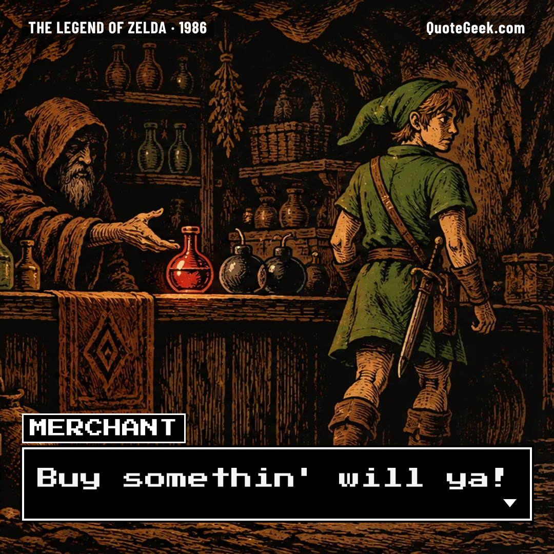 “Buy somethin' will ya!” — Merchant · The Legend of Zelda. Illustrated QuoteGeek card.