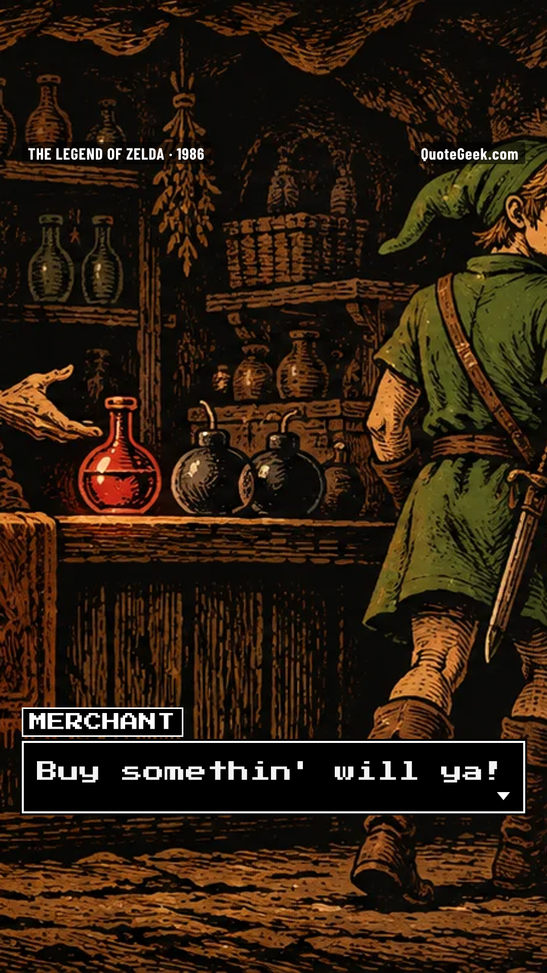 “Buy somethin' will ya!” — Merchant · The Legend of Zelda. Illustrated QuoteGeek card.