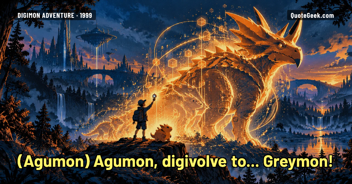 “Agumon, digivolve to... Greymon!” — Agumon · Digimon Adventure. Illustrated QuoteGeek card.