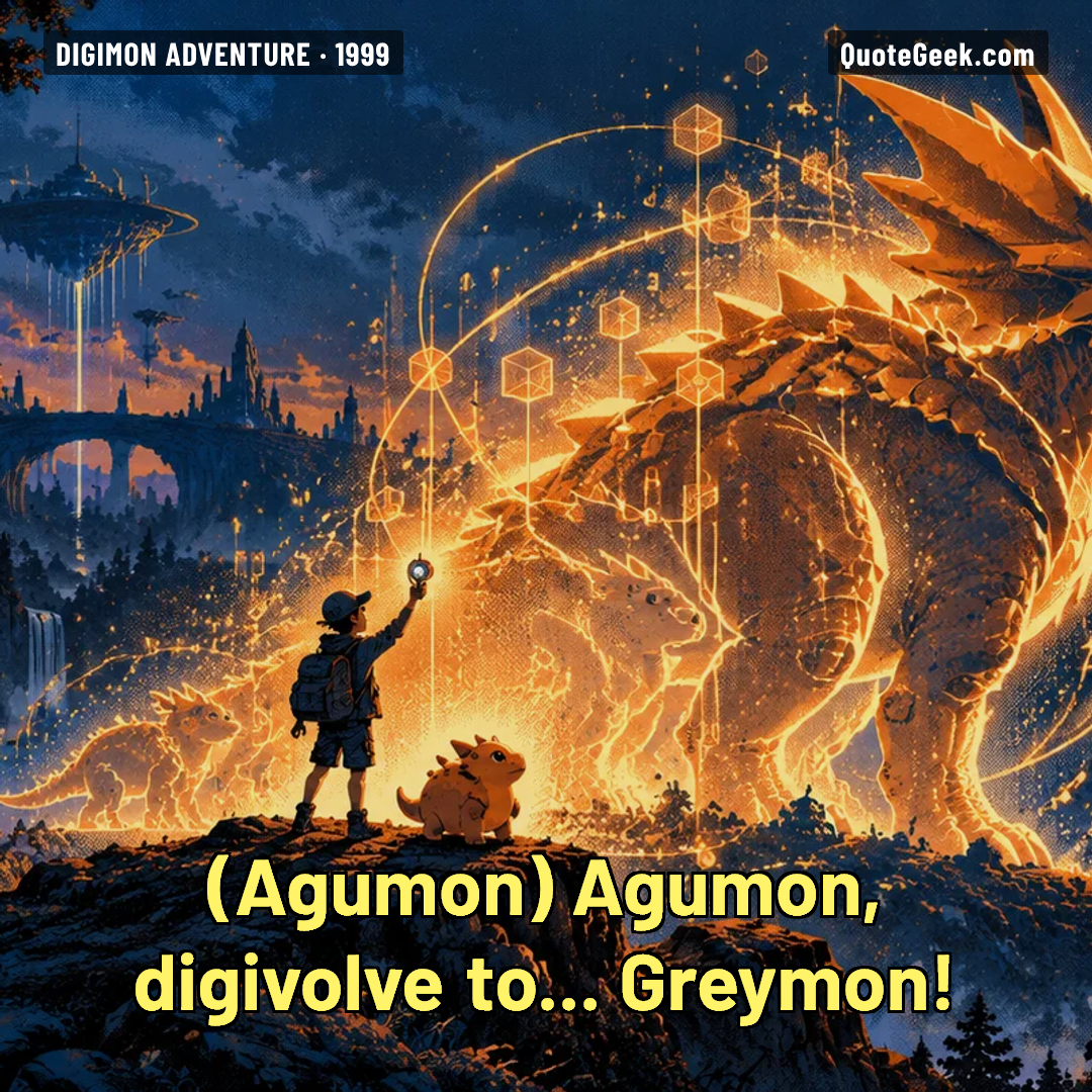 “Agumon, digivolve to... Greymon!” — Agumon · Digimon Adventure. Illustrated QuoteGeek card.