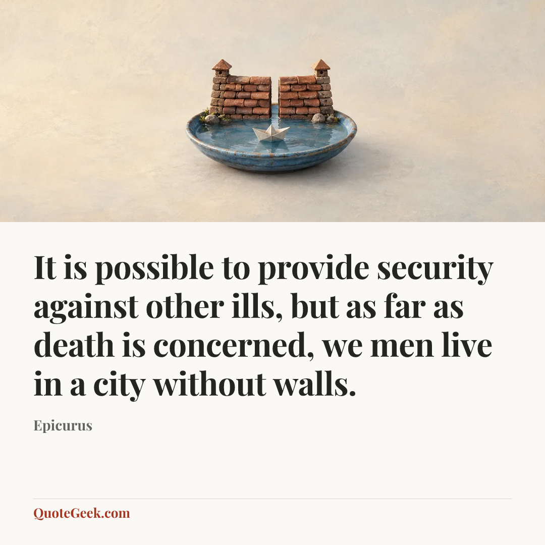 “It is possible to provide security against other ills, but as far as death is concerned, we men live in a city without walls.” — Epicurus. Illustrated QuoteGeek card.