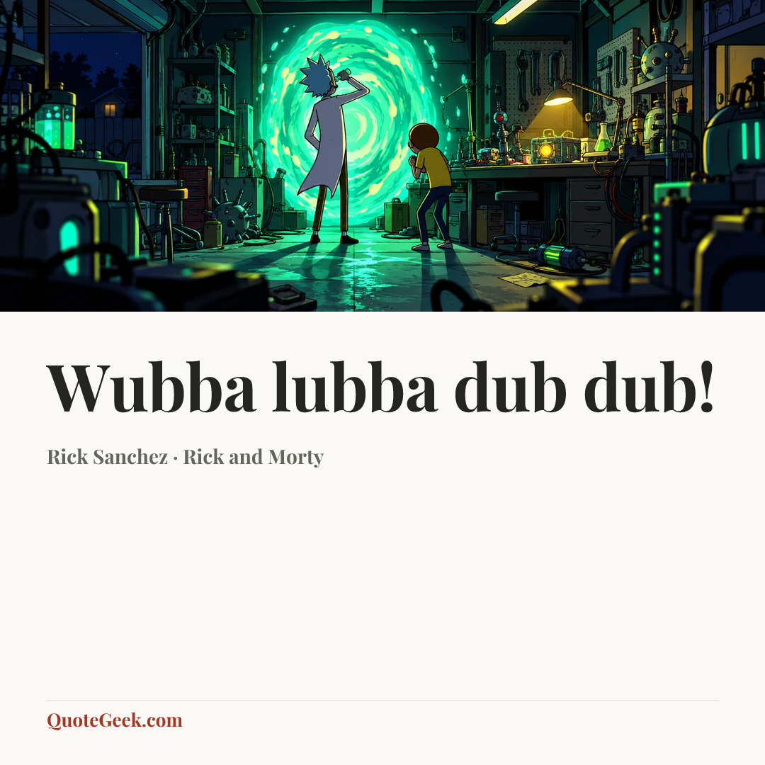 “Wubba lubba dub dub!” — Rick Sanchez · Rick and Morty. Illustrated QuoteGeek card.