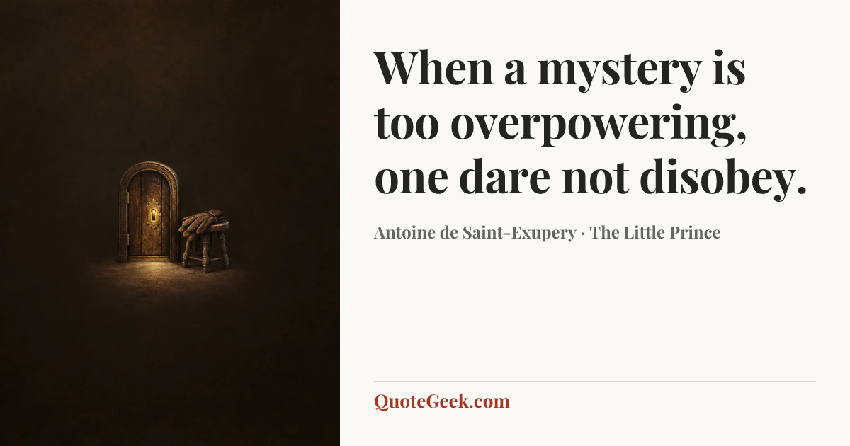 “When a mystery is too overpowering, one dare not disobey.” — Antoine de Saint-Exupery · The Little Prince. Illustrated QuoteGeek card.