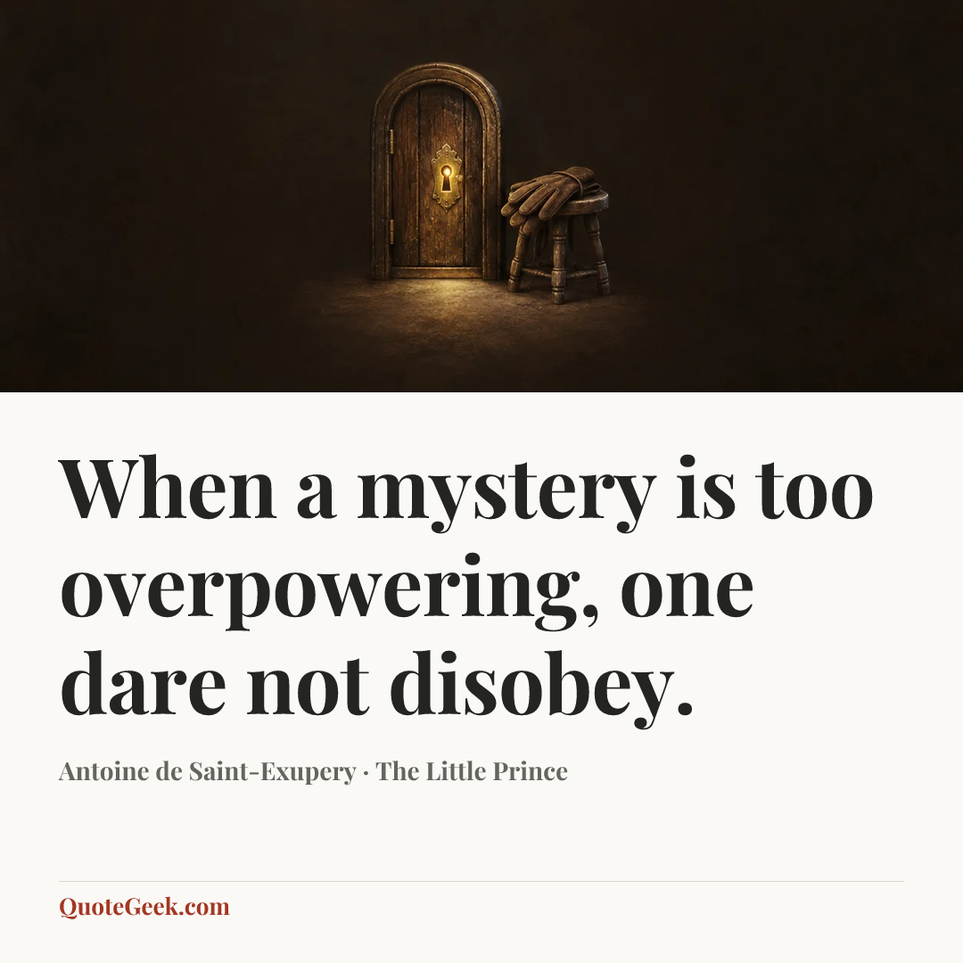 “When a mystery is too overpowering, one dare not disobey.” — Antoine de Saint-Exupery · The Little Prince. Illustrated QuoteGeek card.