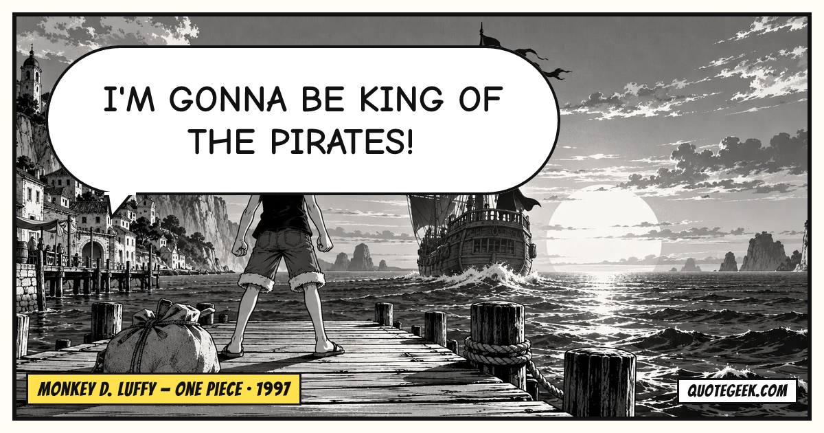 “I'm gonna be King of the Pirates!” — Monkey D. Luffy · One Piece. Illustrated QuoteGeek card.