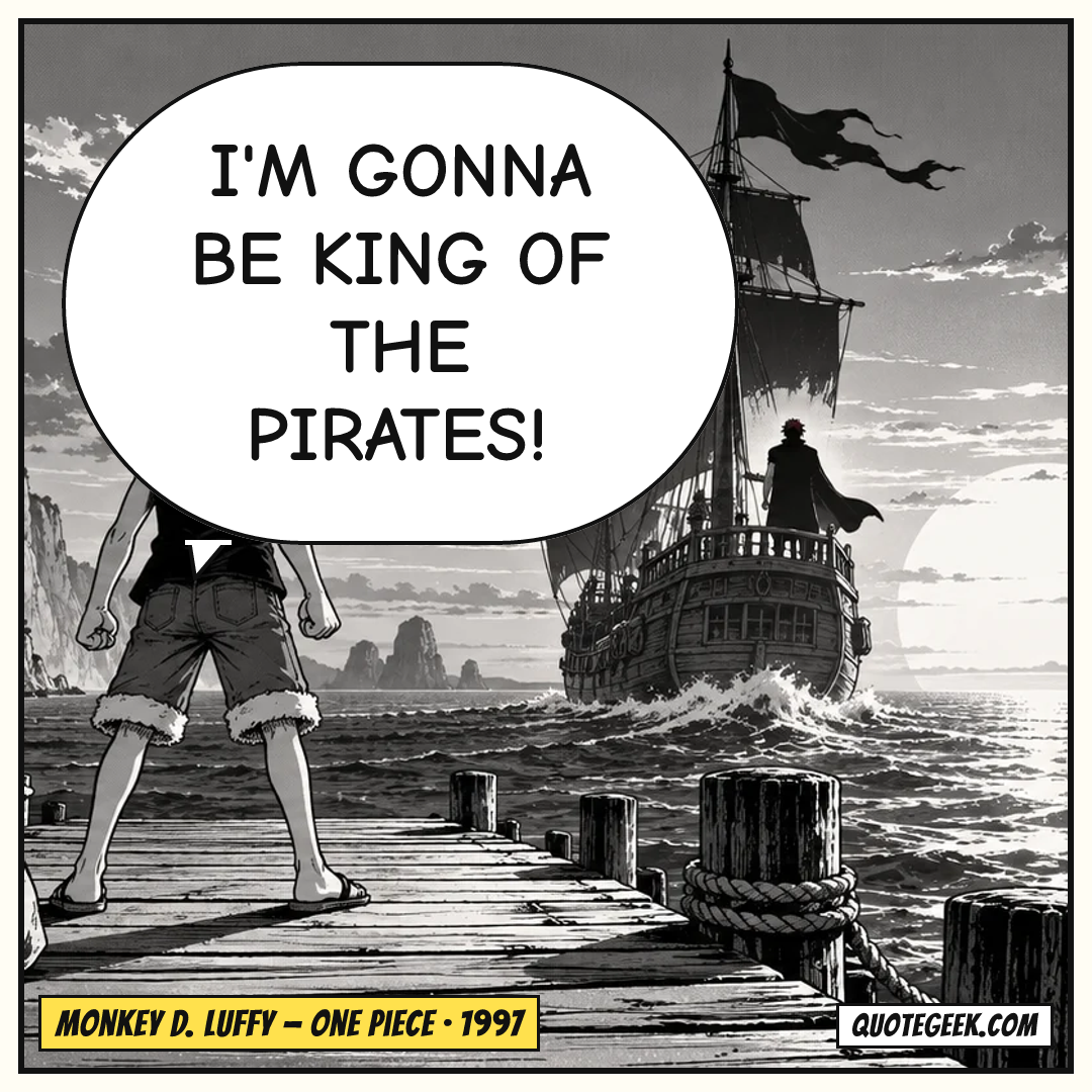 “I'm gonna be King of the Pirates!” — Monkey D. Luffy · One Piece. Illustrated QuoteGeek card.