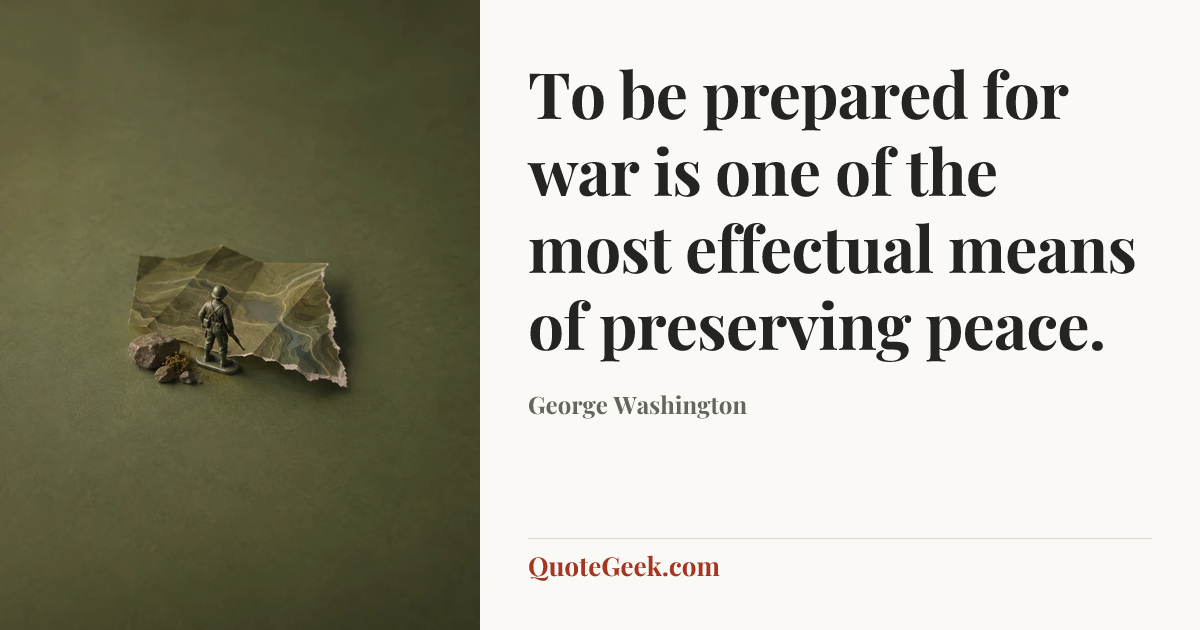 “To be prepared for war is one of the most effectual means of preserving peace.” — George Washington. Illustrated QuoteGeek card.