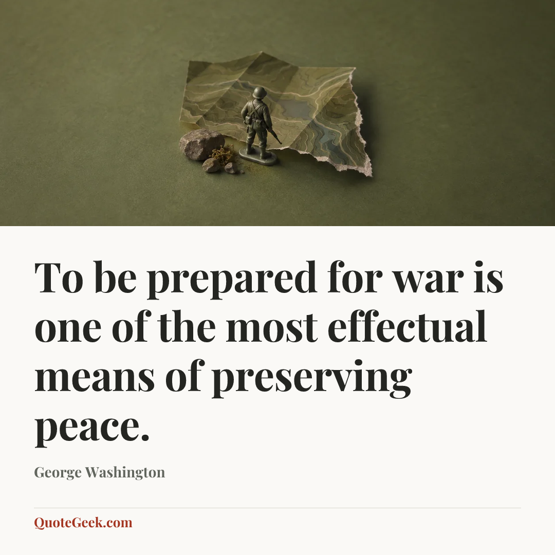 “To be prepared for war is one of the most effectual means of preserving peace.” — George Washington. Illustrated QuoteGeek card.