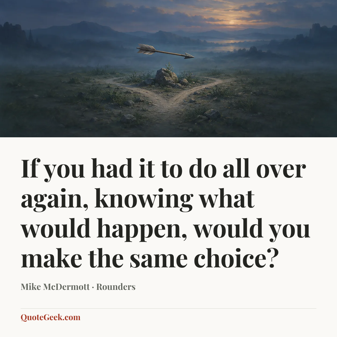 “If you had it to do all over again, knowing what would happen, would you make the same choice?” — Mike McDermott · Rounders. Illustrated QuoteGeek card.