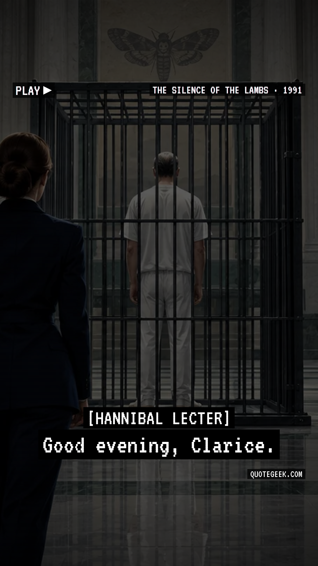 “Good evening, Clarice.” — Hannibal Lecter · The Silence of the Lambs. Illustrated QuoteGeek card.