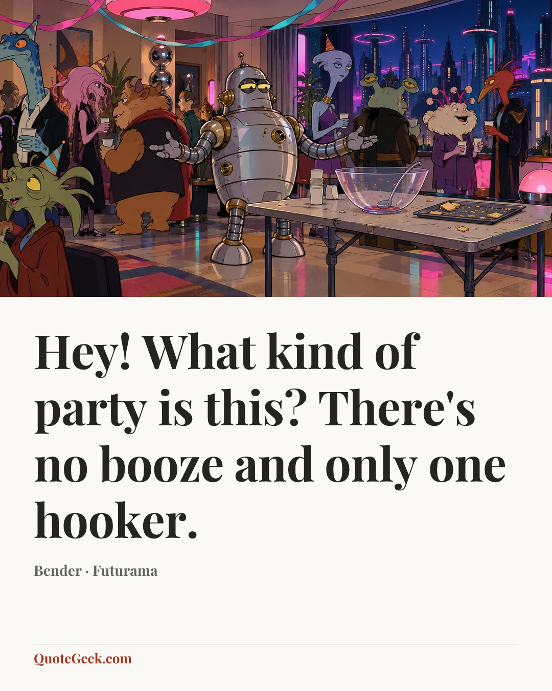 “Hey! What kind of party is this? There's no booze and only one hooker.” — Bender · Futurama. Illustrated QuoteGeek card.