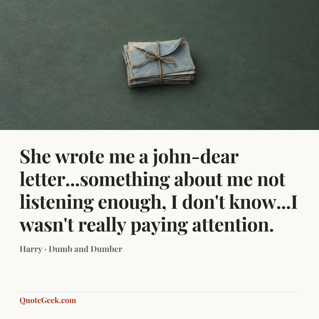 “She wrote me a john-dear letter...something about me not listening enough, I don't know...I wasn't really paying attention.” — Harry · Dumb and Dumber. Illustrated QuoteGeek card.