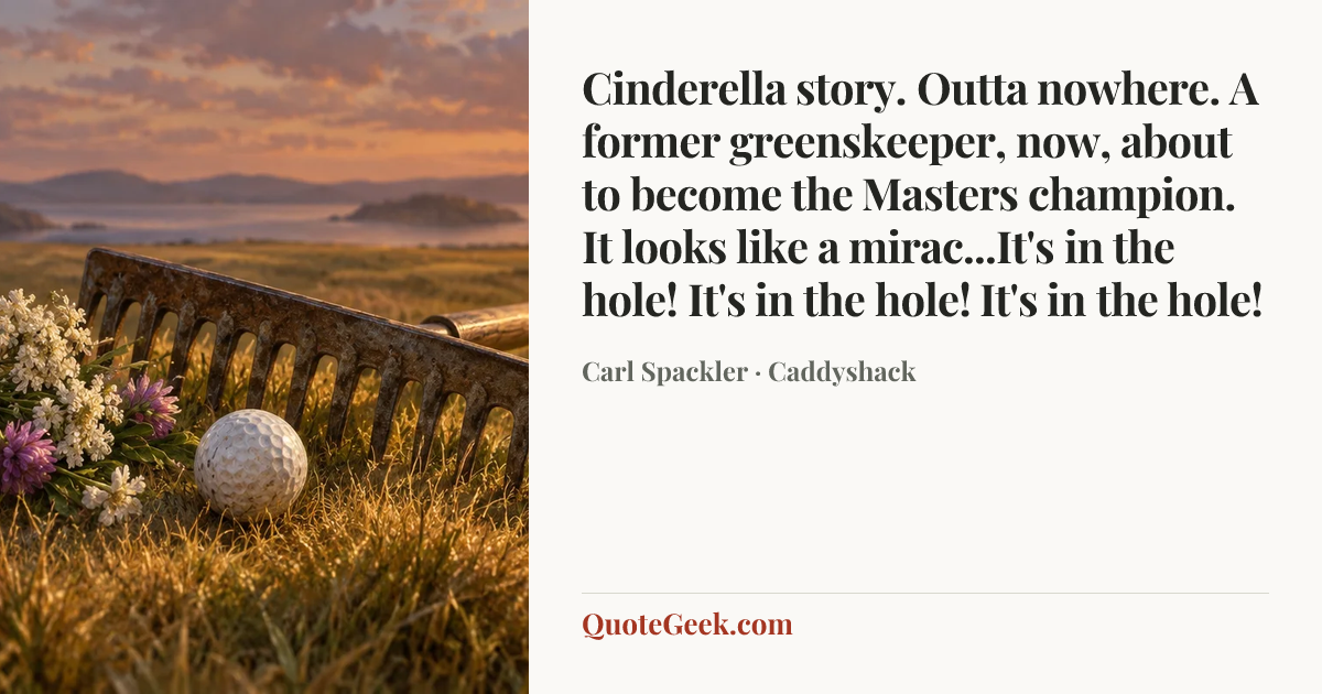 “Cinderella story. Outta nowhere. A former greenskeeper, now, about to become the Masters champion. It looks like a mirac...It's in the hole! It's in the hole! It's in the hole!” — Carl Spackler · Caddyshack. Illustrated QuoteGeek card.