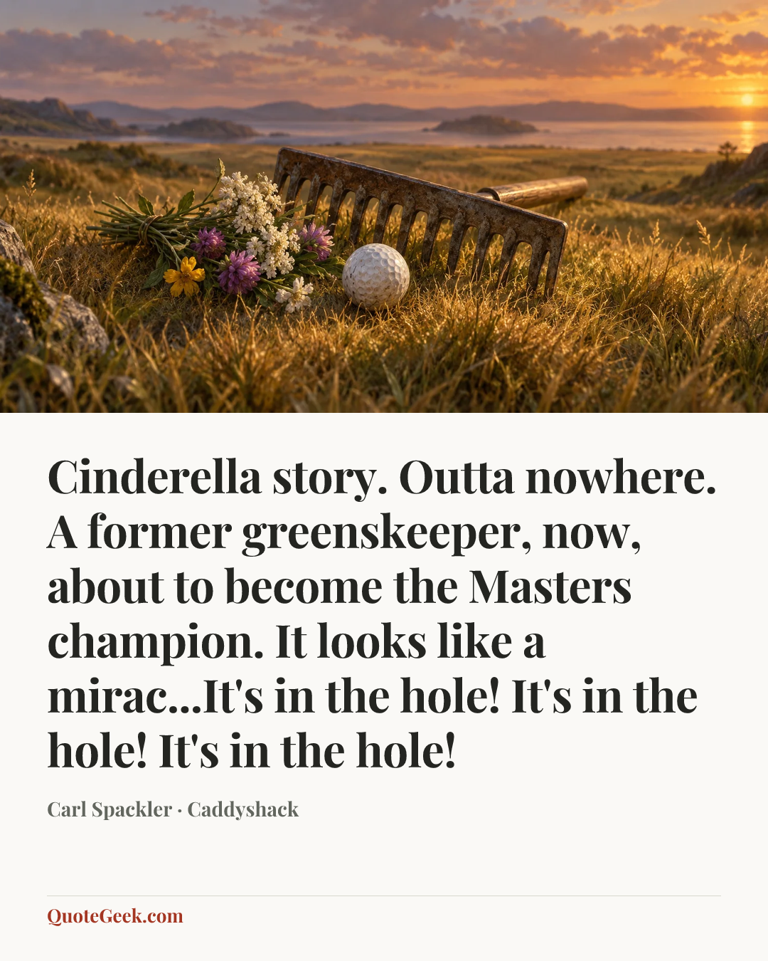 “Cinderella story. Outta nowhere. A former greenskeeper, now, about to become the Masters champion. It looks like a mirac...It's in the hole! It's in the hole! It's in the hole!” — Carl Spackler · Caddyshack. Illustrated QuoteGeek card.
