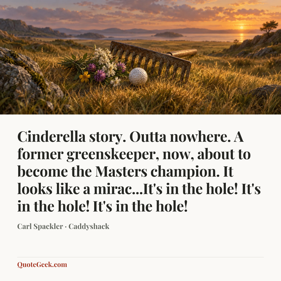“Cinderella story. Outta nowhere. A former greenskeeper, now, about to become the Masters champion. It looks like a mirac...It's in the hole! It's in the hole! It's in the hole!” — Carl Spackler · Caddyshack. Illustrated QuoteGeek card.