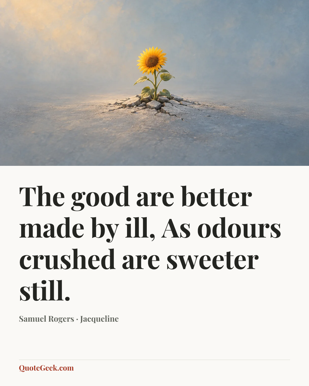 “The good are better made by ill,
As odours crushed are sweeter still.” — Samuel Rogers · Jacqueline. Illustrated QuoteGeek card.