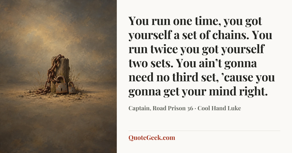“You run one time, you got yourself a set of chains. You run twice you got yourself two sets. You ain’t gonna need no third set, ’cause you gonna get your mind right.” — Captain, Road Prison 36 · Cool Hand Luke. Illustrated QuoteGeek card.