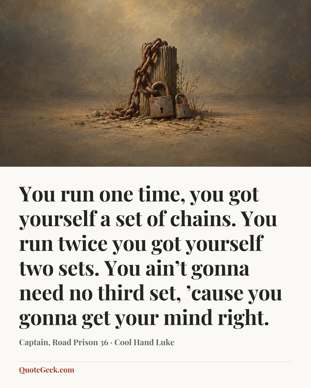 “You run one time, you got yourself a set of chains. You run twice you got yourself two sets. You ain’t gonna need no third set, ’cause you gonna get your mind right.” — Captain, Road Prison 36 · Cool Hand Luke. Illustrated QuoteGeek card.