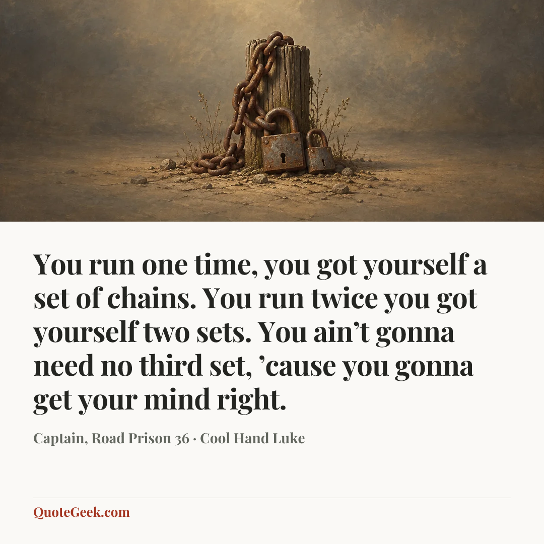 “You run one time, you got yourself a set of chains. You run twice you got yourself two sets. You ain’t gonna need no third set, ’cause you gonna get your mind right.” — Captain, Road Prison 36 · Cool Hand Luke. Illustrated QuoteGeek card.
