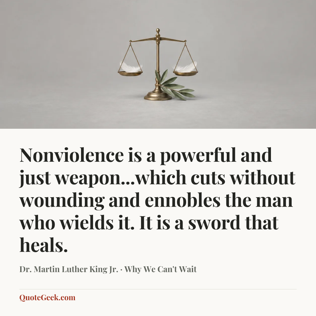 “Nonviolence is a powerful and just weapon...which cuts without wounding and ennobles the man who wields it. It is a sword that heals.” — Dr. Martin Luther King Jr. · Why We Can't Wait. Illustrated QuoteGeek card.