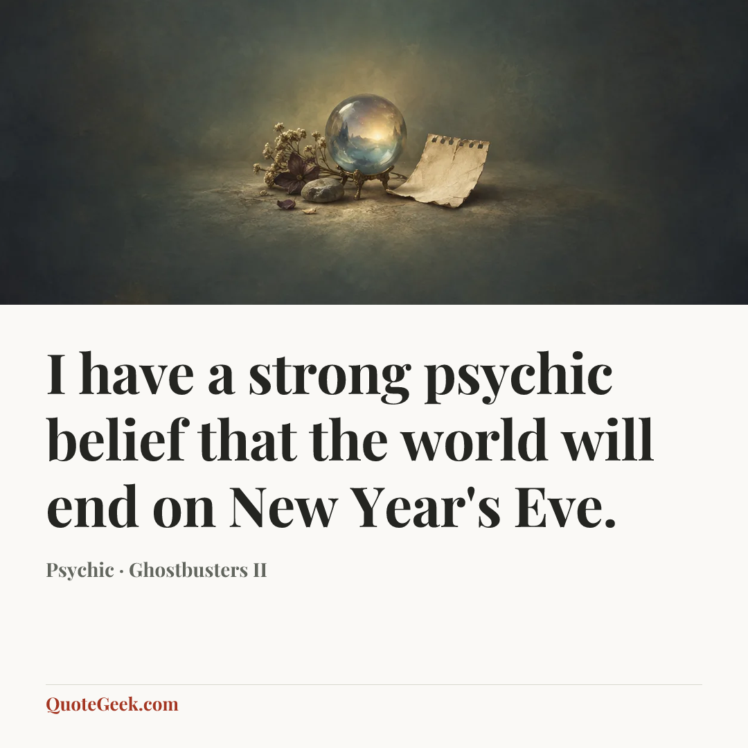“I have a strong psychic belief that the world will end on New Year's Eve.” — Psychic · Ghostbusters II. Illustrated QuoteGeek card.