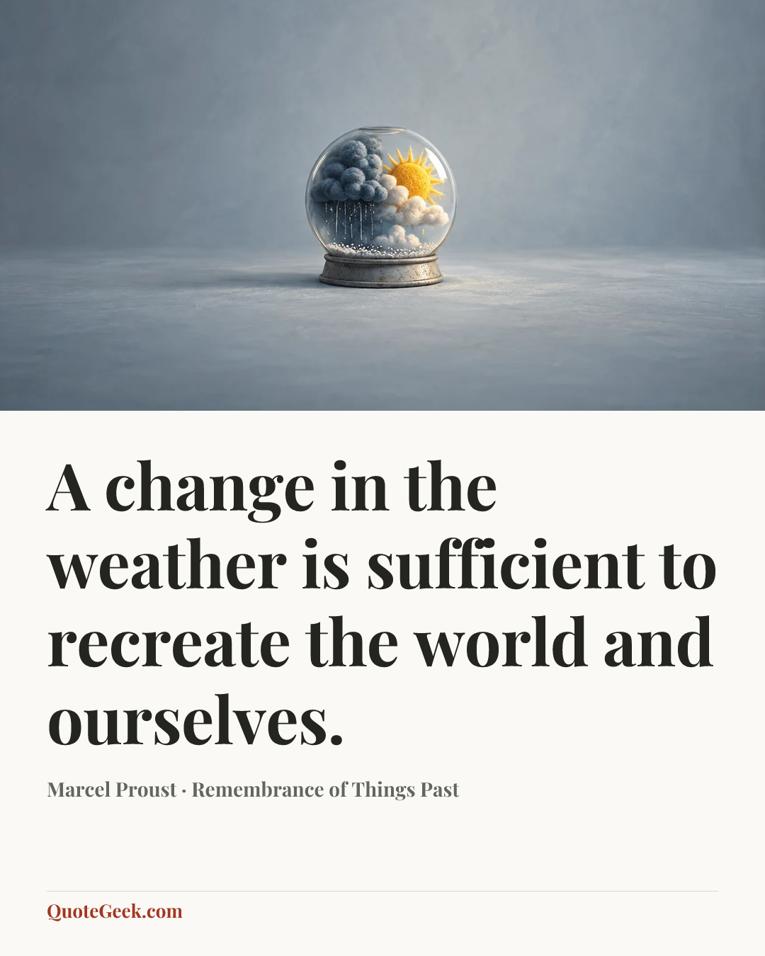 “A change in the weather is sufficient to recreate the world and ourselves.” — Marcel Proust · Remembrance of Things Past. Illustrated QuoteGeek card.