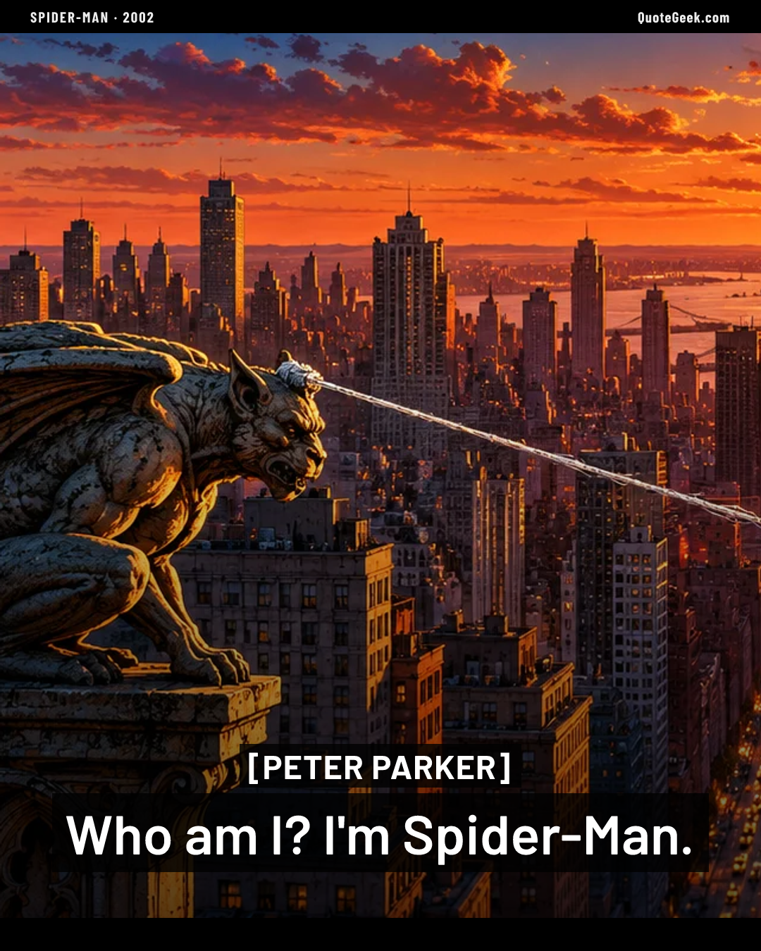 “Who am I? I'm Spider-Man.” — Peter Parker · Spider-Man. Illustrated QuoteGeek card.