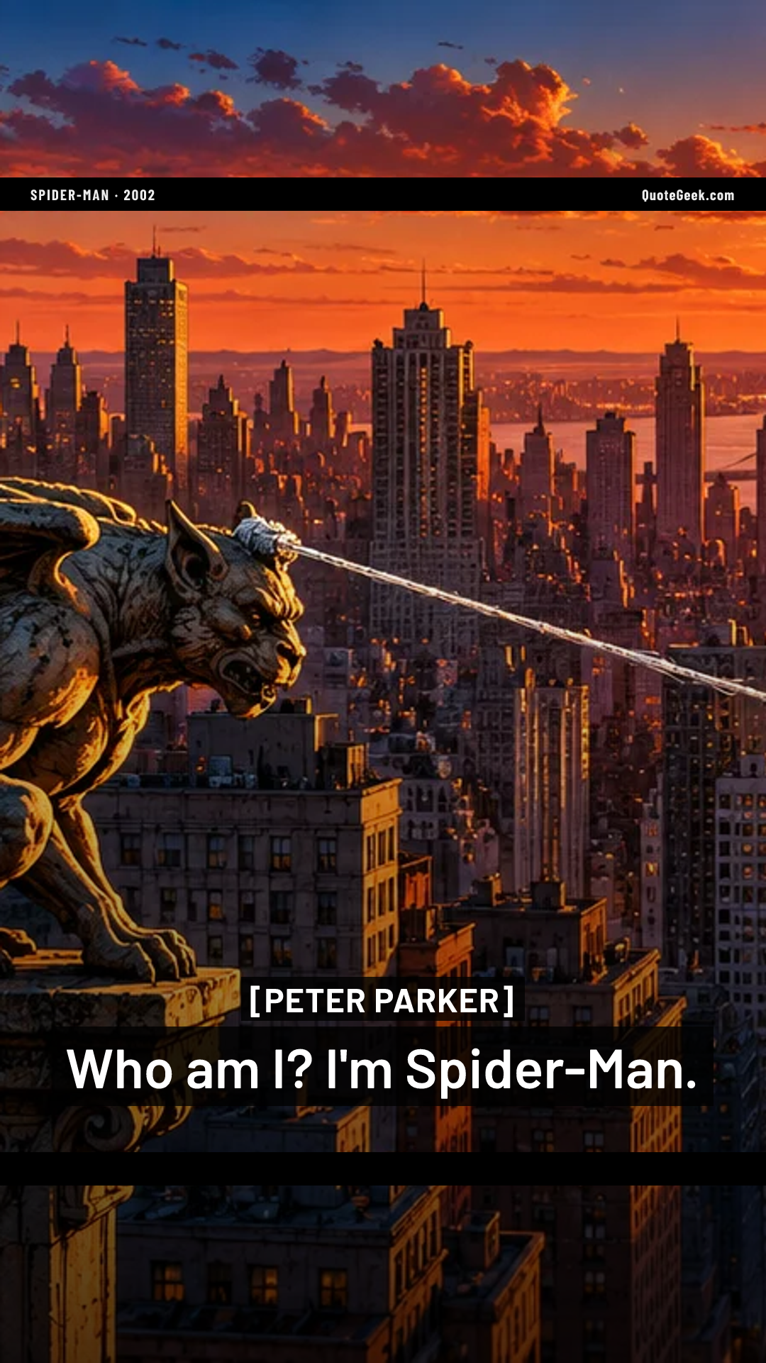 “Who am I? I'm Spider-Man.” — Peter Parker · Spider-Man. Illustrated QuoteGeek card.