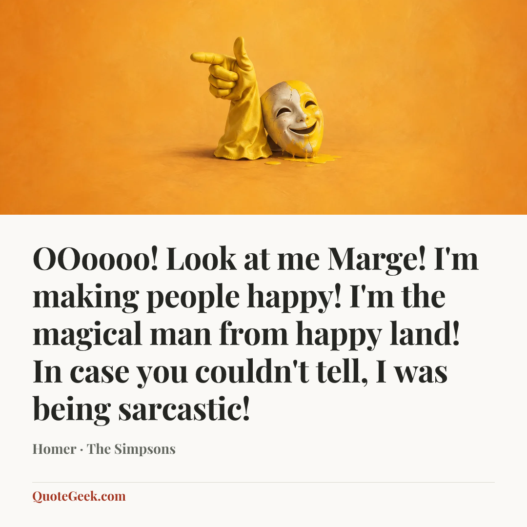 “OOoooo! Look at me Marge! I'm making people happy! I'm the magical man from happy land! In case you couldn't tell, I was being sarcastic!” — Homer · The Simpsons. Illustrated QuoteGeek card.