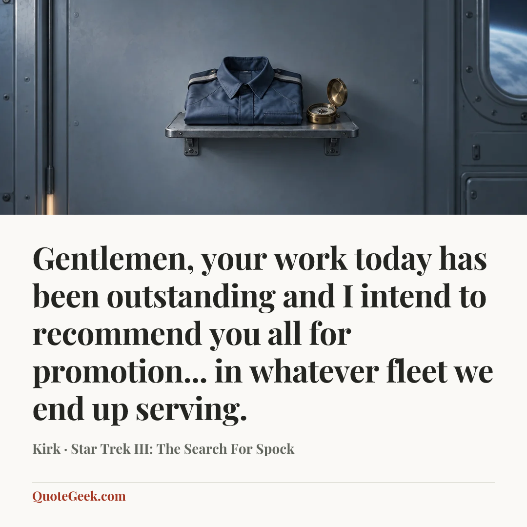 “Gentlemen, your work today has been outstanding and I intend to recommend you all for promotion... in whatever fleet we end up serving.” — Kirk · Star Trek III: The Search For Spock. Illustrated QuoteGeek card.