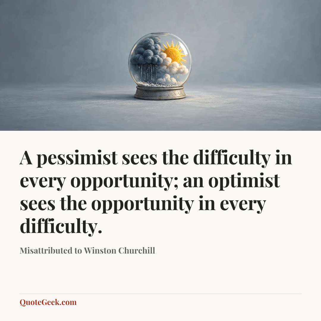 “A pessimist sees the difficulty in every opportunity; an optimist sees the opportunity in every difficulty.” — Misattributed to Winston Churchill. Illustrated QuoteGeek card.